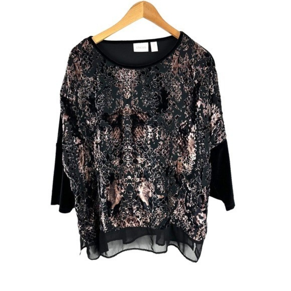 Chico's 3 Velvet Burnout Top Womens XL Black Whimsy Dark Goth Animal Sheer Trim